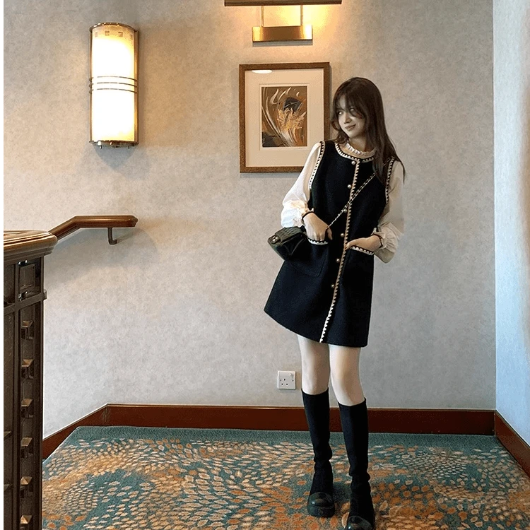 2025款毛呢背心裙木耳边衬衫千金感小香风气质连衣裙女秋冬两件套
