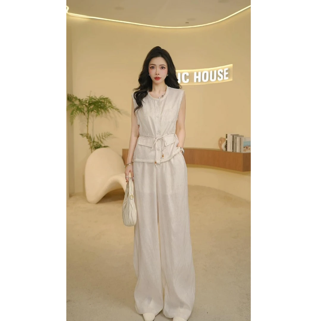 Basic House/百家好2025新款高级感气质无袖抽绳休闲长裤套装