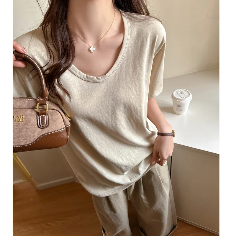 (现货运费险+雪花棉）高级感V领宽松正肩打底衫短袖t恤女夏季上衣