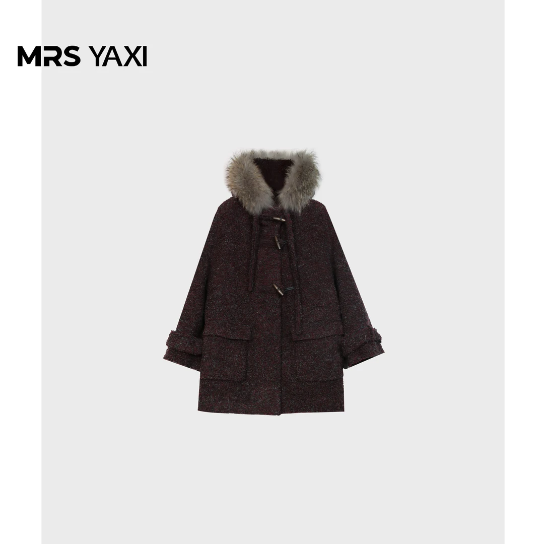 Mrsyaxi原创设计中长款大毛领外套颗粒绒毛呢外套YX4121802