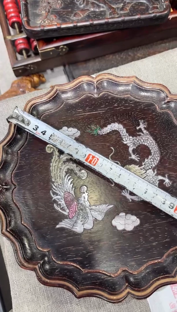 木紫檀镶嵌龙凤圆茶盘