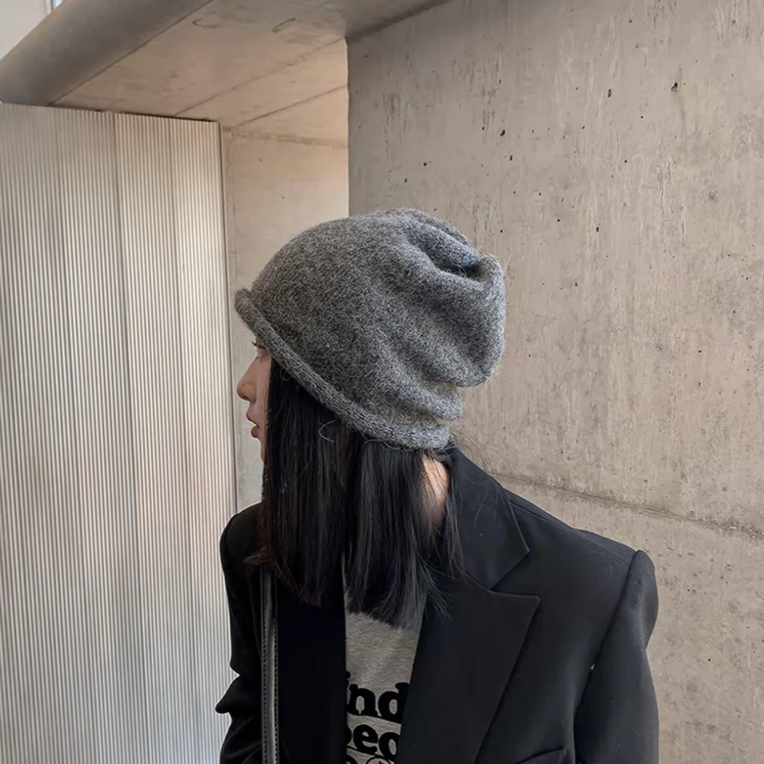 2025新款澳洲羊毛针织拼色卷边包头帽秋冬护耳冷帽百搭堆堆帽保暖