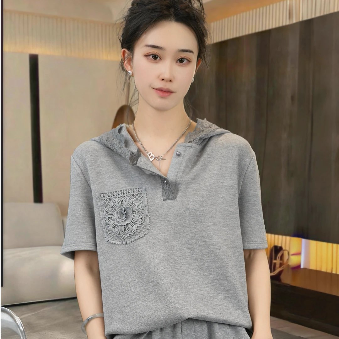 【范有名专属】高级感连帽蕾丝短袖T恤小众简约运动