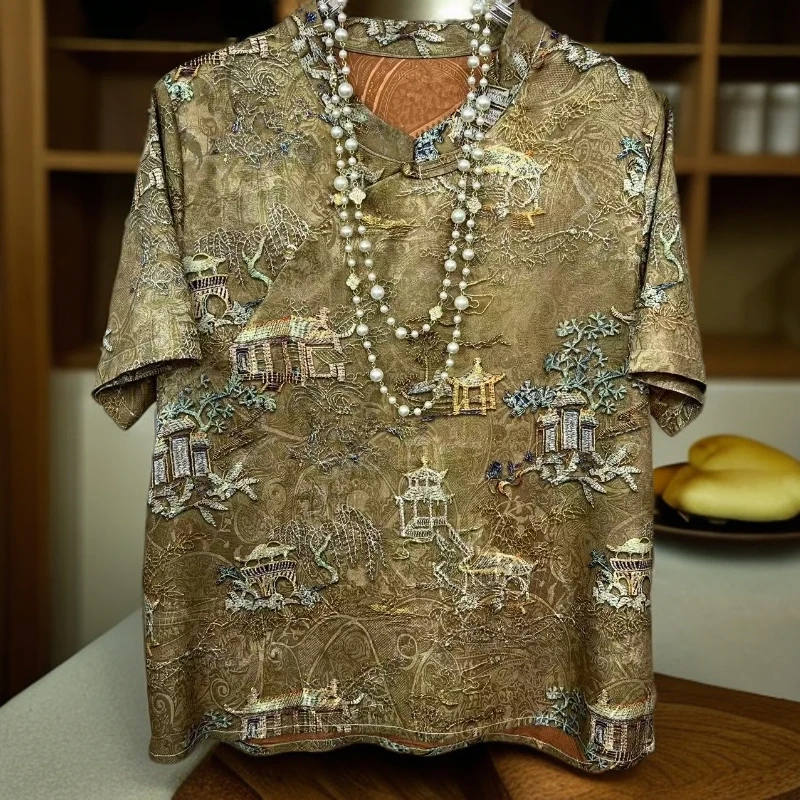 【凉亭】新中式国风女士夏季立领斜襟重磅刻花宽松百搭洋气短袖上衣