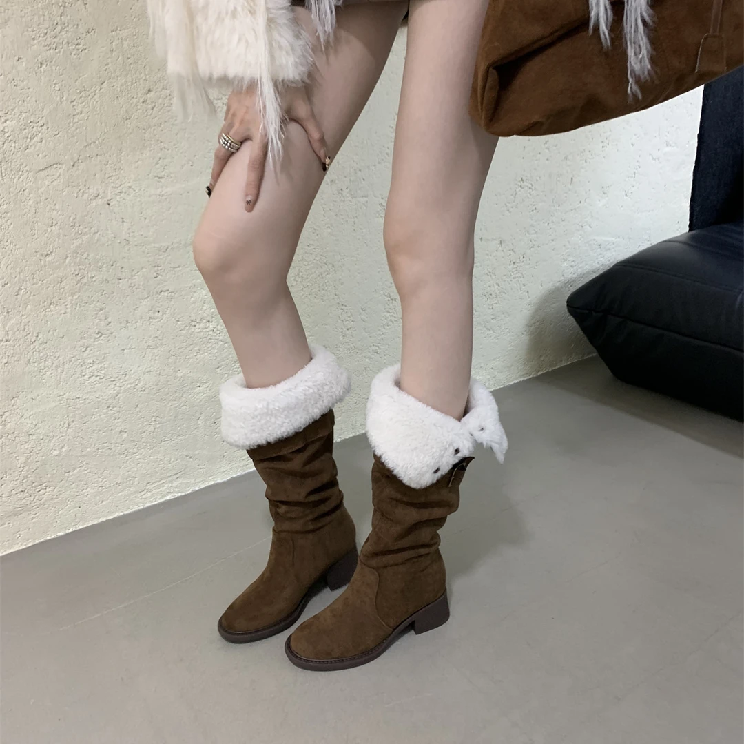 美拉德风一鞋多穿堆堆靴女冬季小暖炉保暖高筒骑士靴粗跟绒面长靴