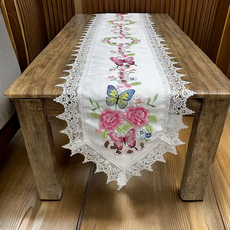 蝴蝶花卉刺绣手工镂空桌旗盖巾茶旗