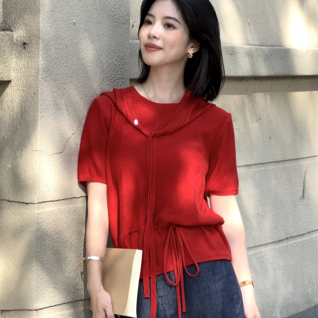 SanMu 番茄红显白初秋针织系带收腰短袖女羊毛衫上衣＋披肩2件套