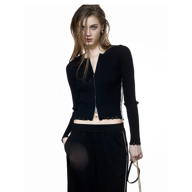 U/TI 双拉链磨破设计天丝混纺侧边撞色条纹显瘦高弹力长袖针织衫