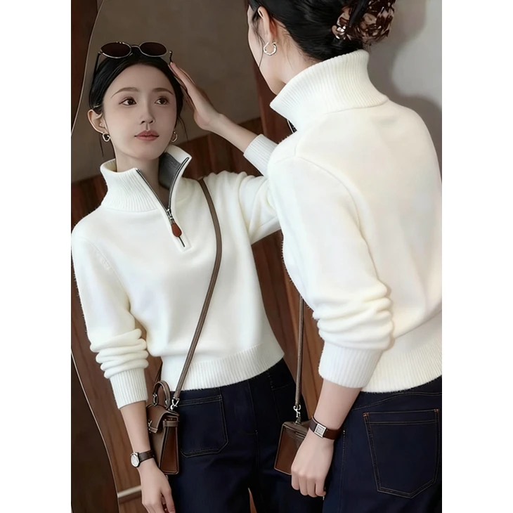慵懒风白色半拉链高领毛衣女2025年秋冬新款氛围感百搭针织上衣潮