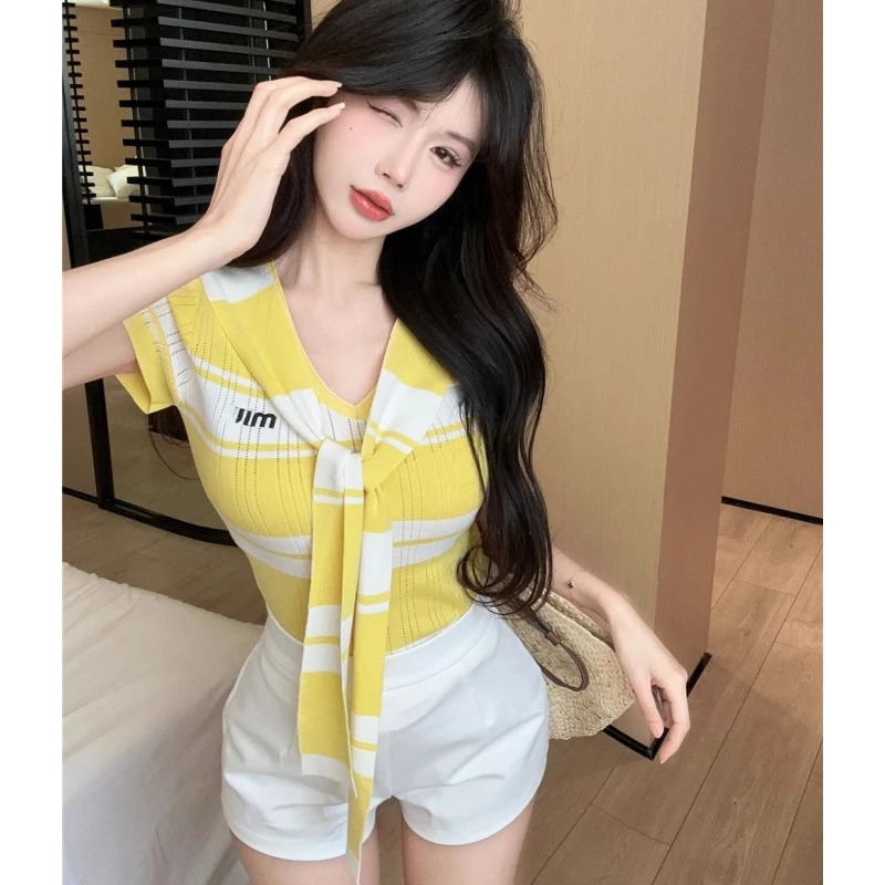 小众设计感撞色V领条纹披肩针织T恤女法式时尚洋气纯欲百搭针织衫