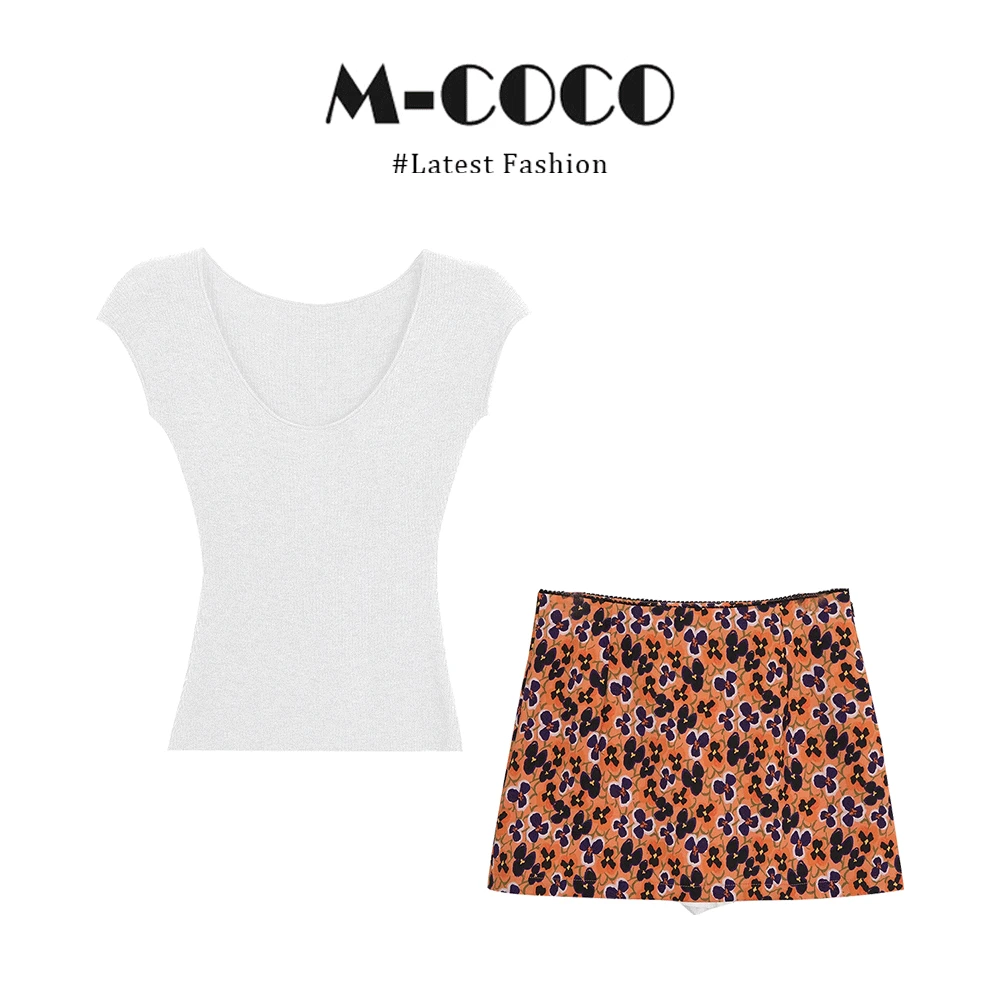 MARIE.COCO美式纯色方领短款小飞袖针织T恤包臀裙子碎花短裙套装