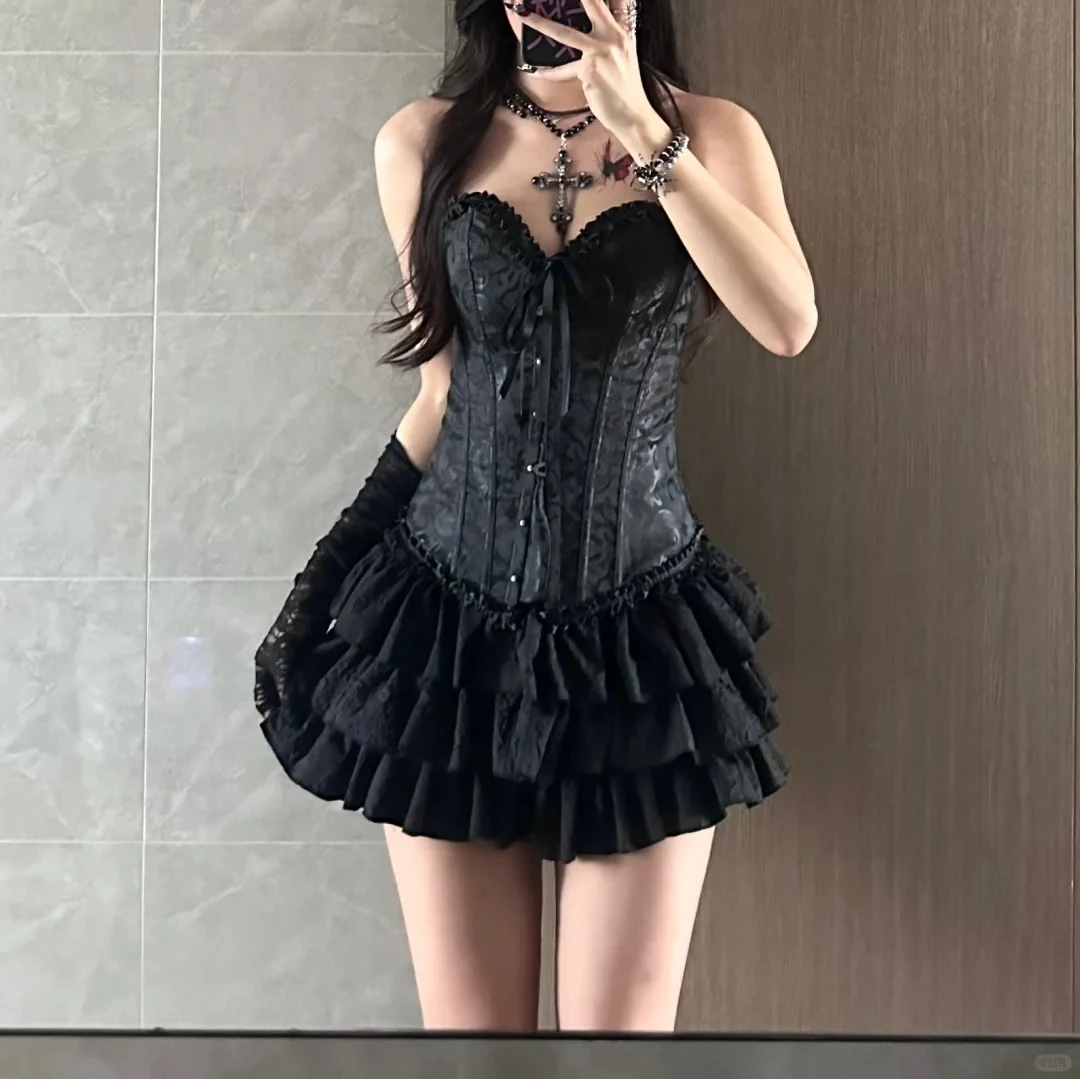 鱼骨抹胸收腹束腰神器女内搭聚拢吊带显瘦性感黑色复古蕾丝
