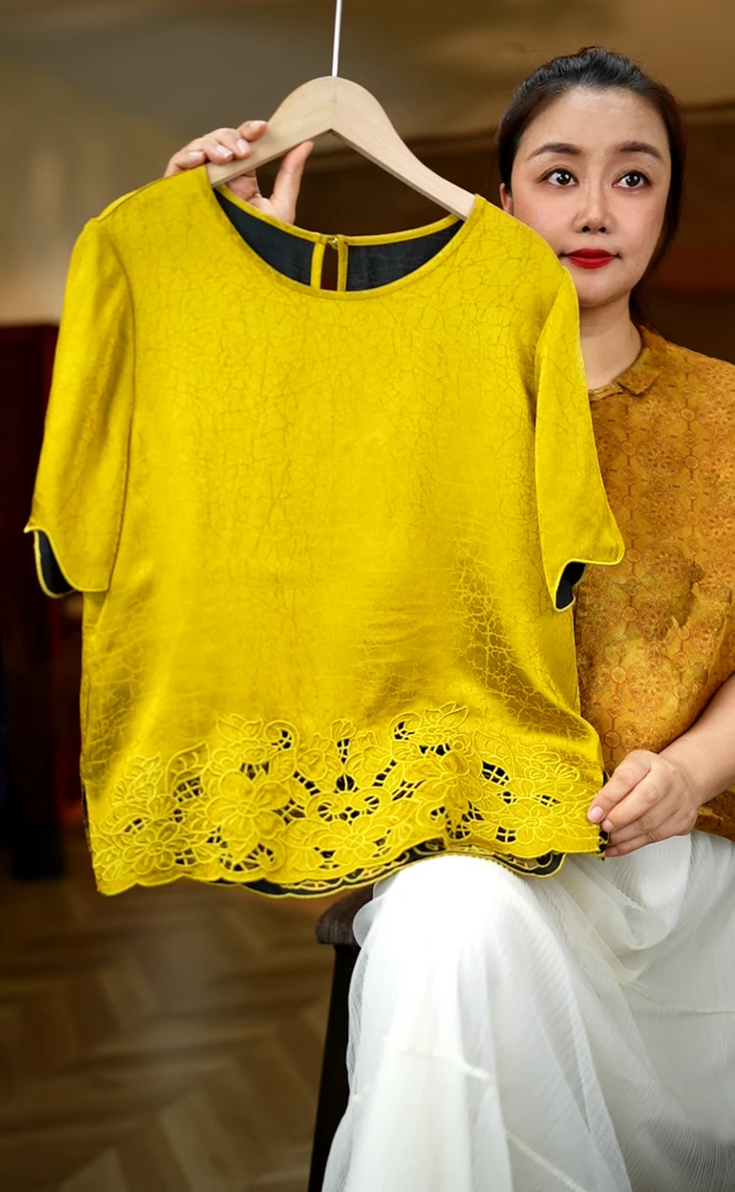 《非遗美学》金芒黄色印花高级时尚上衣1335