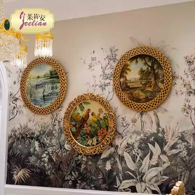 茱莉安法式艺术彩绘三联副花鸟景象壁画别墅客厅背景墙装饰挂画