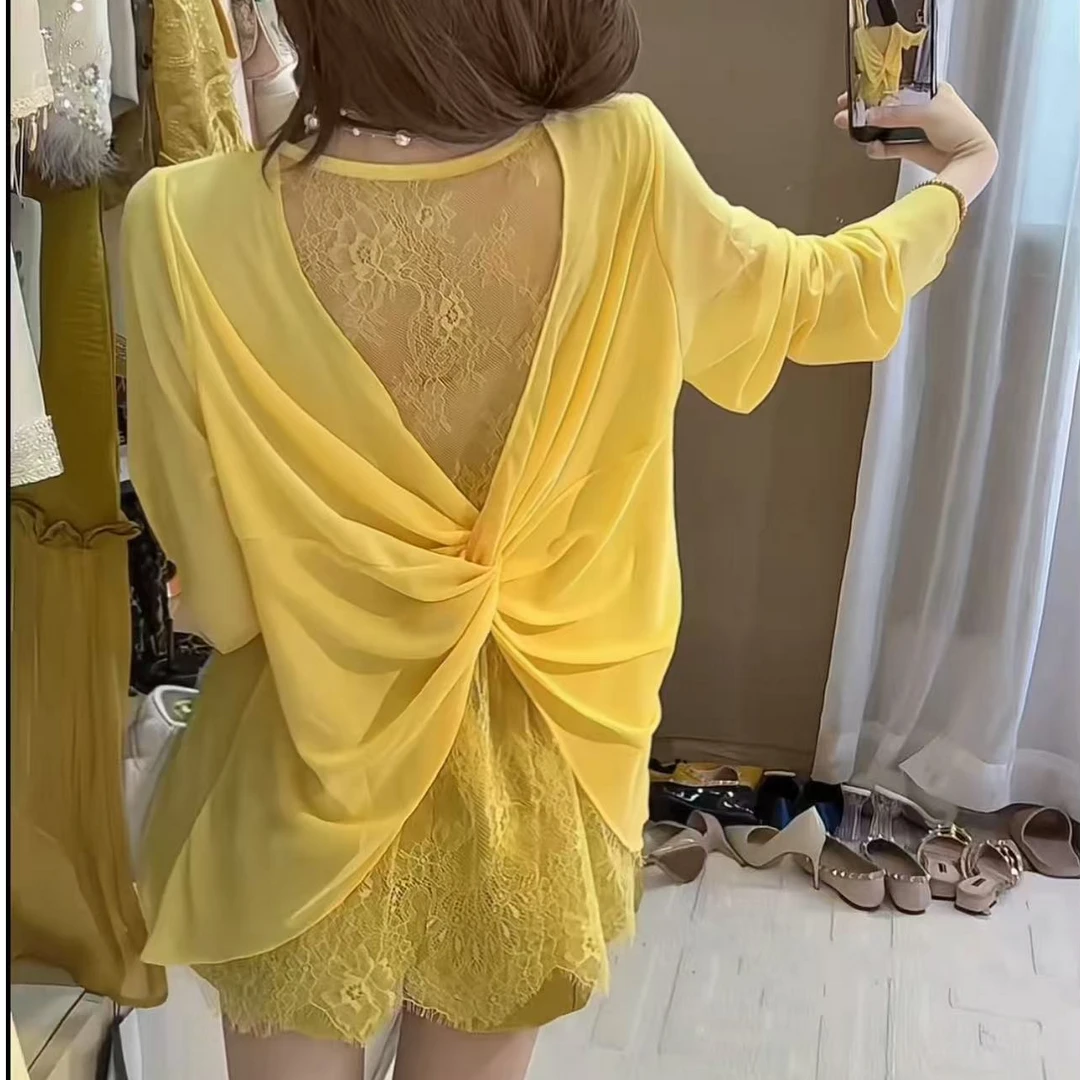 2383# 纽结蕾丝拼接雪纺衫
