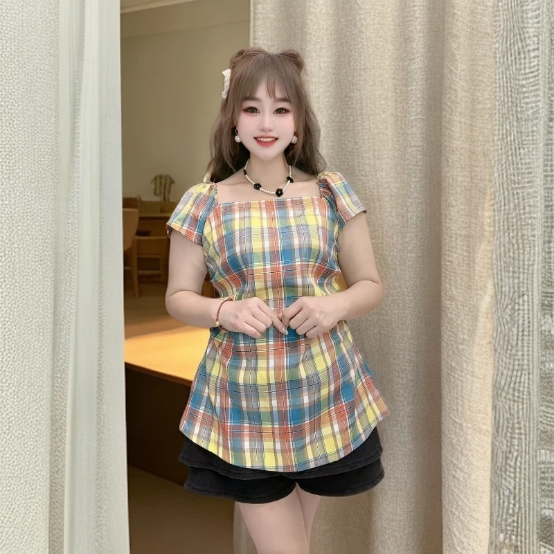 大码法式方领辣妹衬衫女夏季新款高级感格子衬衣胖MM遮肉显瘦上衣