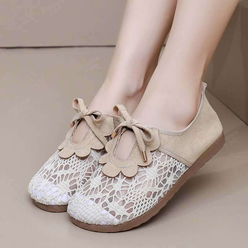 意迪森蕾丝网面渔夫鞋春夏新款平底网纱女鞋透气软底老北京布鞋女