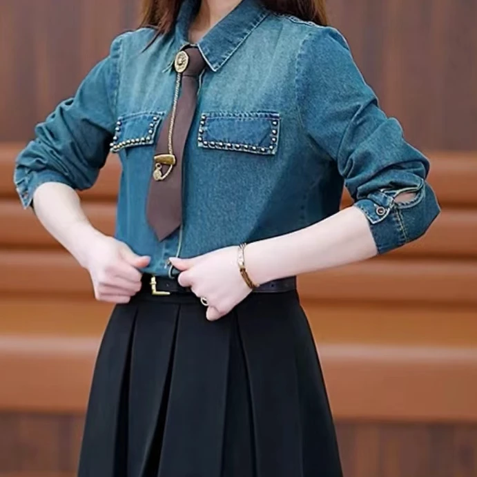 【艾萱萱】2407款时尚气质牛仔衬衫女 约65