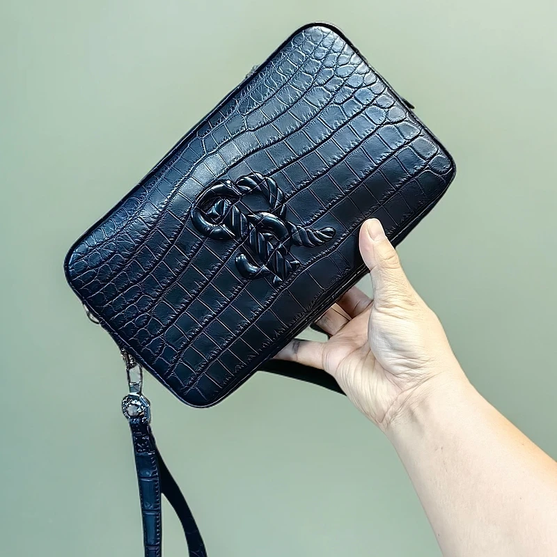 新男士款手包鳄鱼皮鳄25cm休闲手拿包时尚百搭黑色气质手抓包真皮