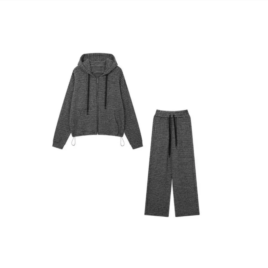 休闲慵懒韩系兔毛绒感优品宽松女士拉链连帽阔腿裤套装8899