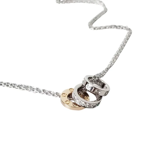 99新 Cartier/卡地亚 LOVE系列 白金/玫瑰金双色镶钻双链圆饼项链