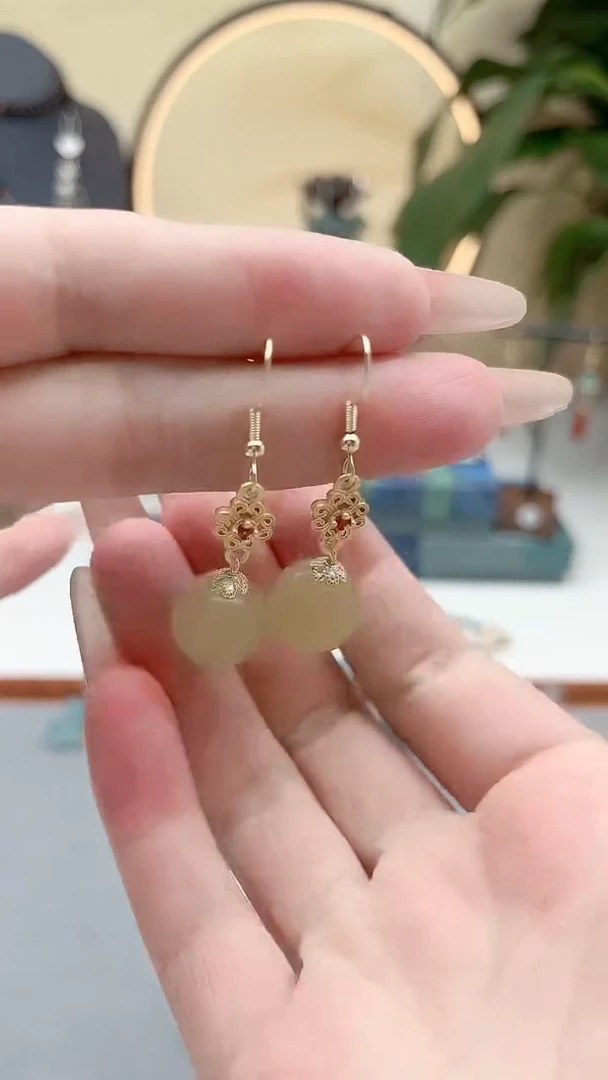 银S925镶嵌石英质玉耳饰00糖水