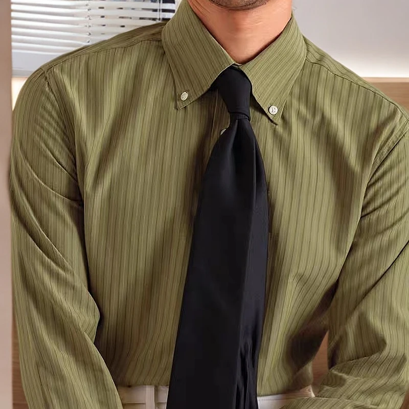 CF修峰 意式纽扣领长袖衬衫复古绅士条纹修身透气休闲商务衬衣