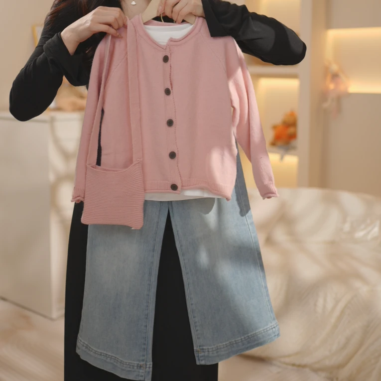 2025春季新款寸衫牛仔裤套装中大女童时尚洋气毛线外套牛仔裤套装