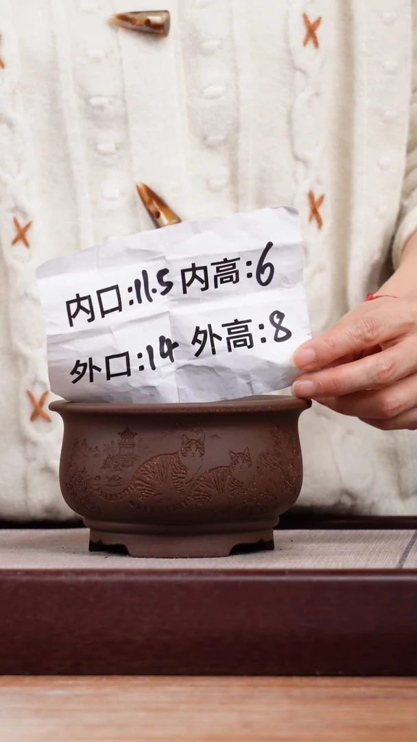 紫砂花盆紫泥刻绘猫咪迷你矮圆盆一只无托