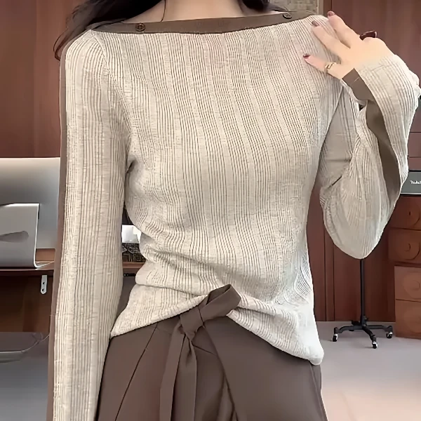 大码胖MM撞色针织打底衫女2025秋新款气质显瘦长袖一字肩修身上衣