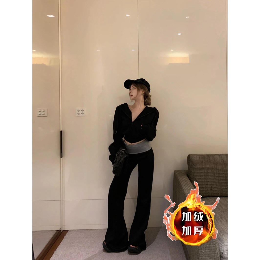 秋冬加绒加厚慵懒复古连帽长袖卫衣外套女穿搭撞色微喇叭裤两件套