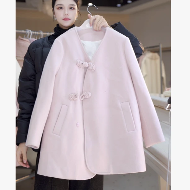 V领盘扣单面呢大衣羽绒服 815785