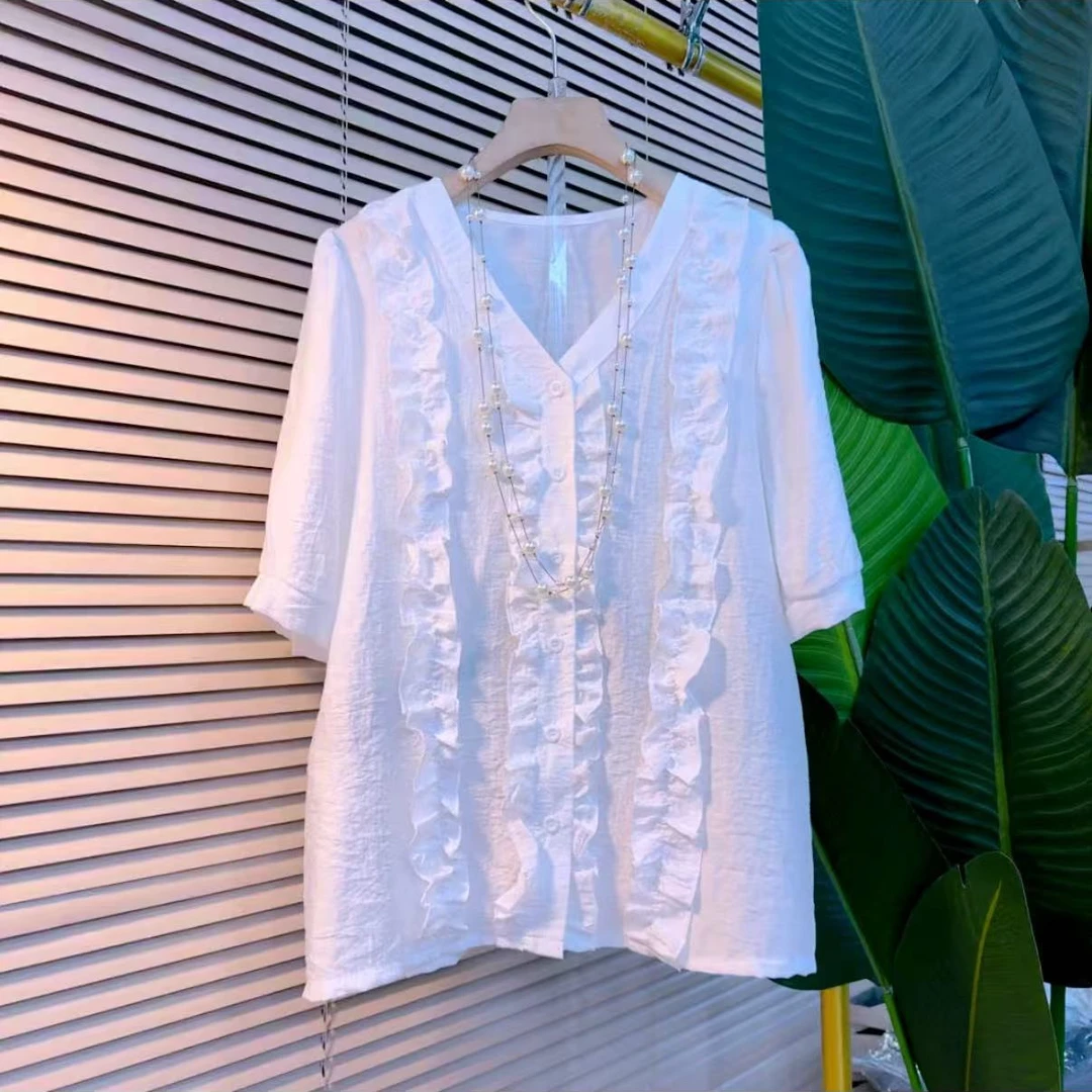 602欧洲站时尚v领拼接木耳花边减龄半袖衬衫(衣长 60)