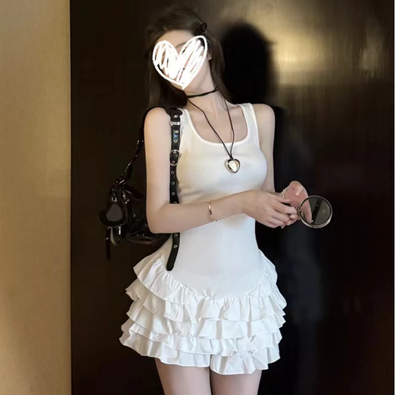 2025夏季新款荷叶边花苞方领吊带连衣裙修身收腰拼接无袖针织短裙