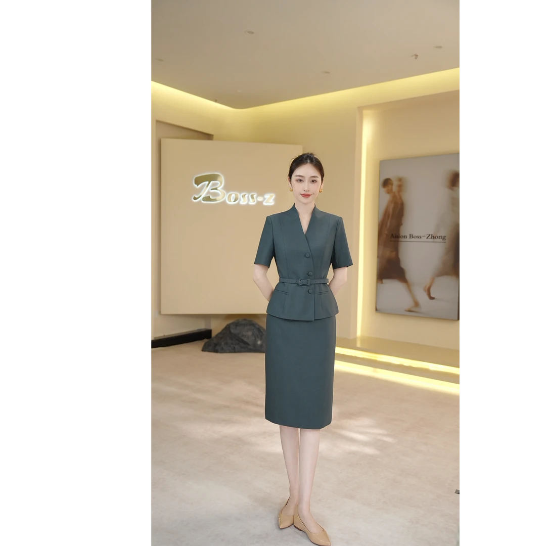 钟老板 2025夏季新款气质通勤灰绿色V领西装外套半身裙两件套装女