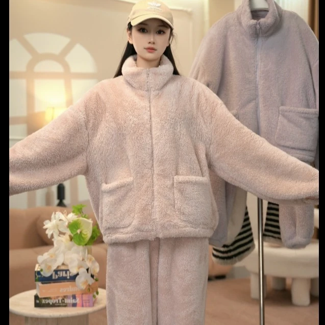 【专柜加厚版】冬季睡衣女士时尚保暖休闲拉链款珊瑚绒家居服可外穿