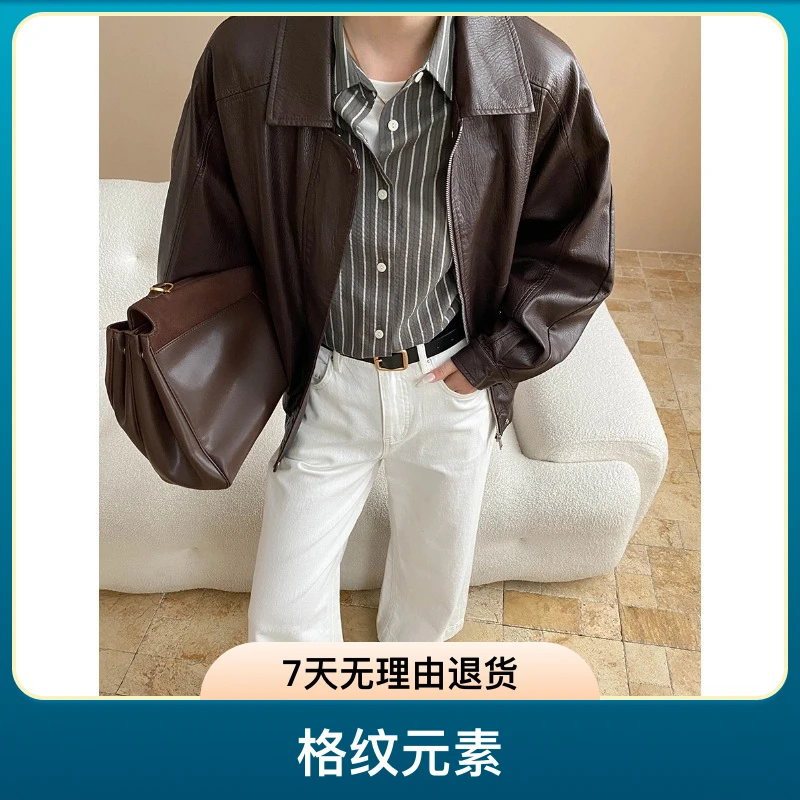 复古常规袖上衣常规皮衣时尚秋冬休闲皮夹克宽松型秋季翻领外套