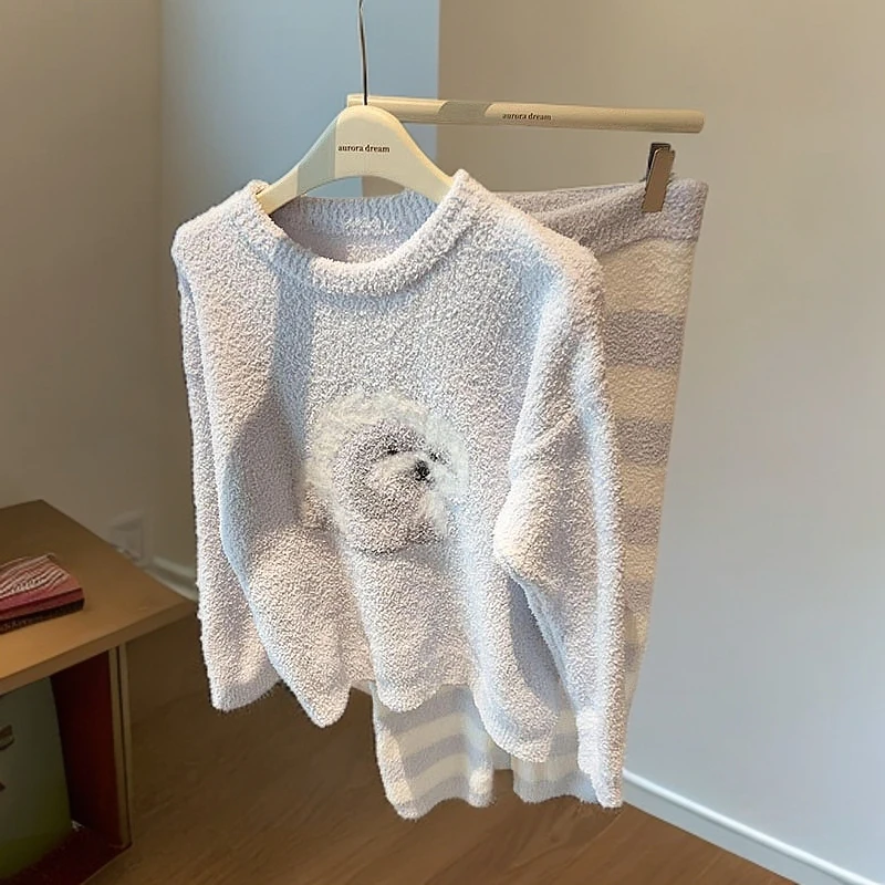 软糯卡通小狗睡衣女冬季加绒加厚保暖2025新款半边绒家居服套装