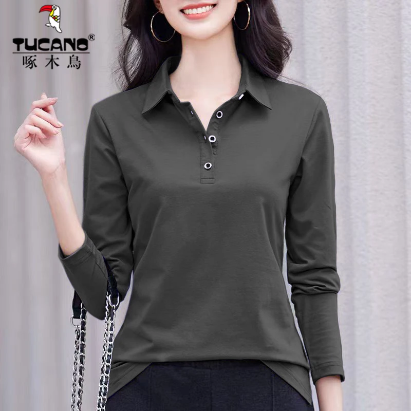 啄木鸟~妈妈秋装POLO领黑色长袖t恤女纽扣翻领带领百搭上衣打底衫