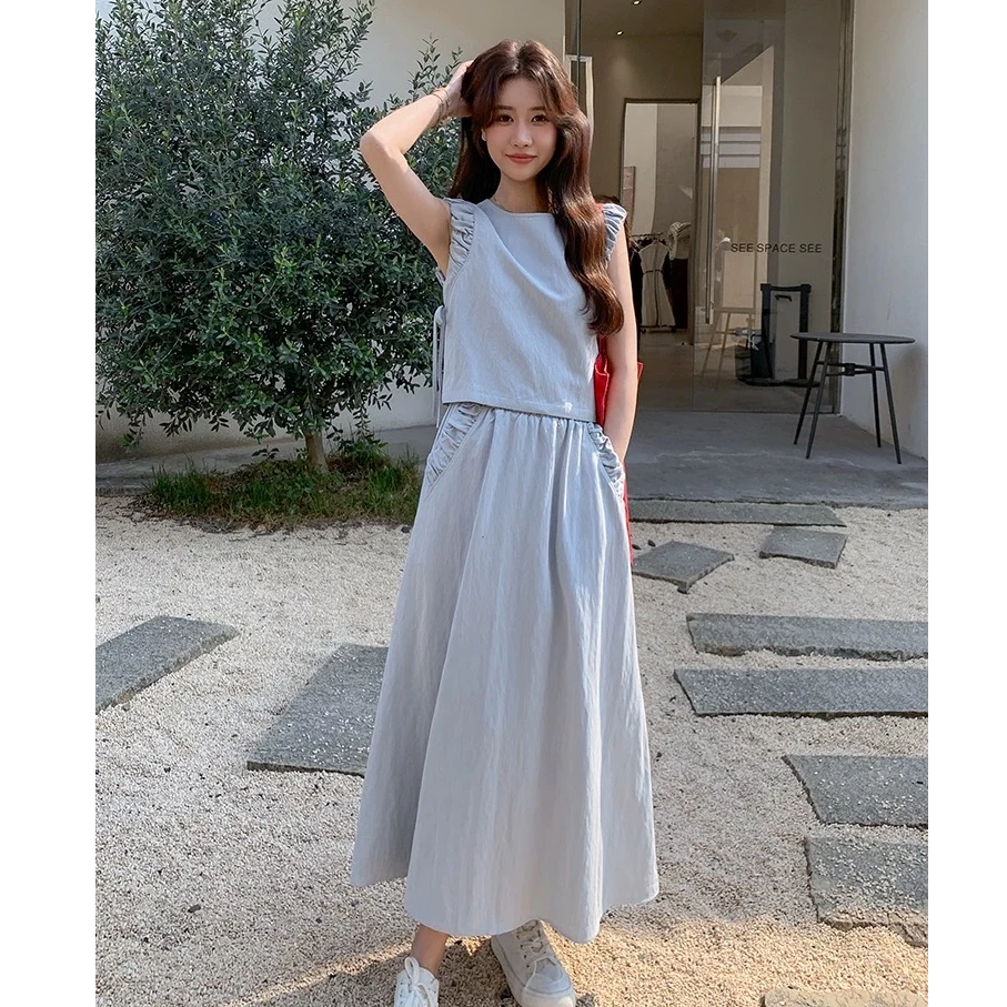 感浅蓝色套装裙2025夏季新款超好看减龄背心半身裙小个子两件套