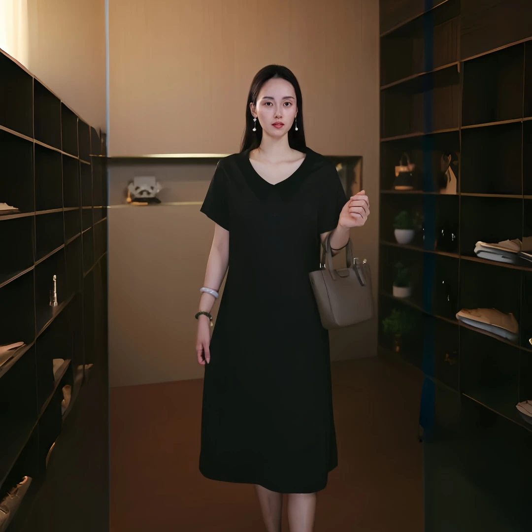 9949-夏季新款短袖口袋连衣裙宽松气质遮肉中长款妈妈裙子【G仓】