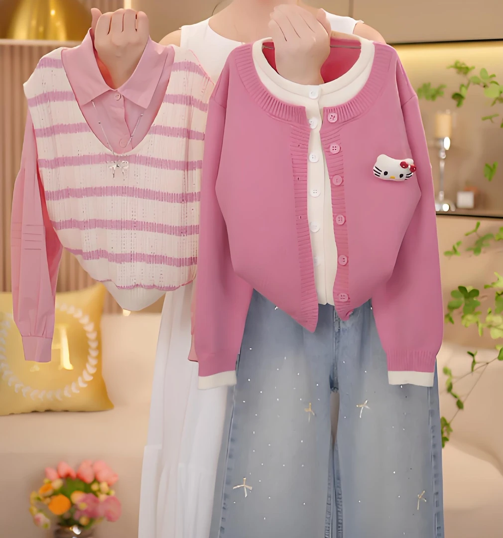 女童01025春季新款韩版时尚开衫针织衫假两件上衣+亮钻牛仔裤套装