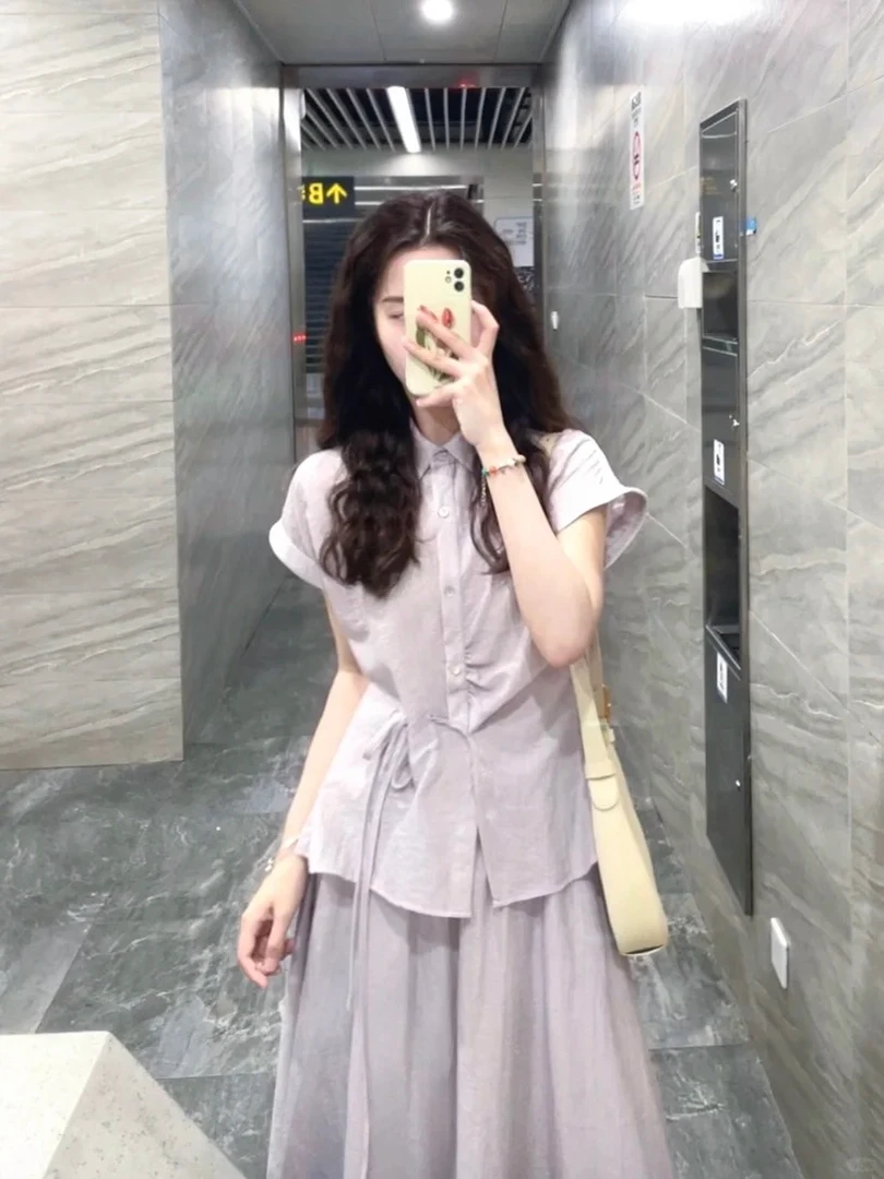 2025夏季新款韩系穿搭一整套女紫色收腰衬衫上衣搭配半身裙两件套