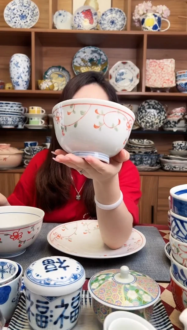 瓷片花赤绘 12.8cm井型饭碗