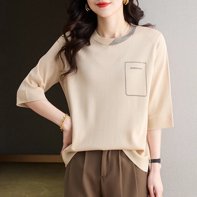 针织短袖打底衫女春夏新款中年妈妈遮屁股洋气上衣五分袖夏季T恤