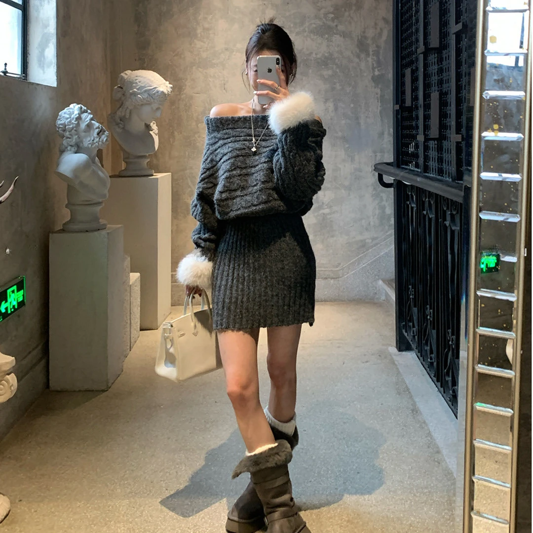 2025秋冬新款韩版设计感一字肩毛衣连衣裙女纯欲收腰显瘦包臀裙子