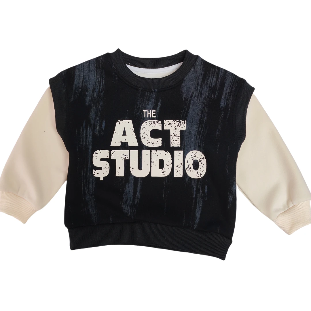 中小童加绒卫衣黑杏撞色袖字母印花