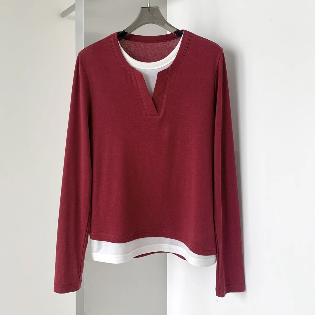 【小雨姐在这里】圆领拼接假两件百搭舒适天丝羊毛简约打底衫C826