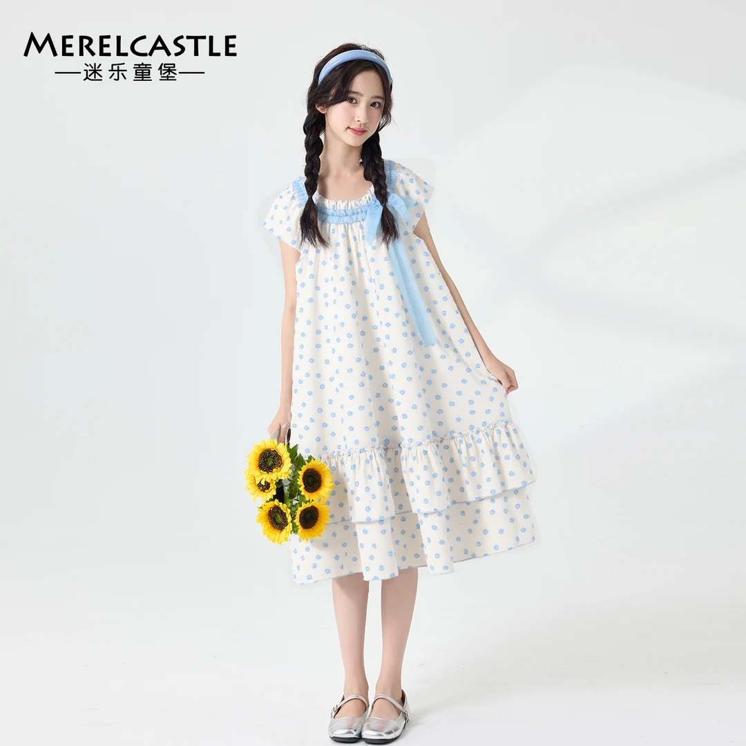 C5534女大童碎花蝴蝶结连衣裙青少年夏季无袖波点时尚裙子夏装