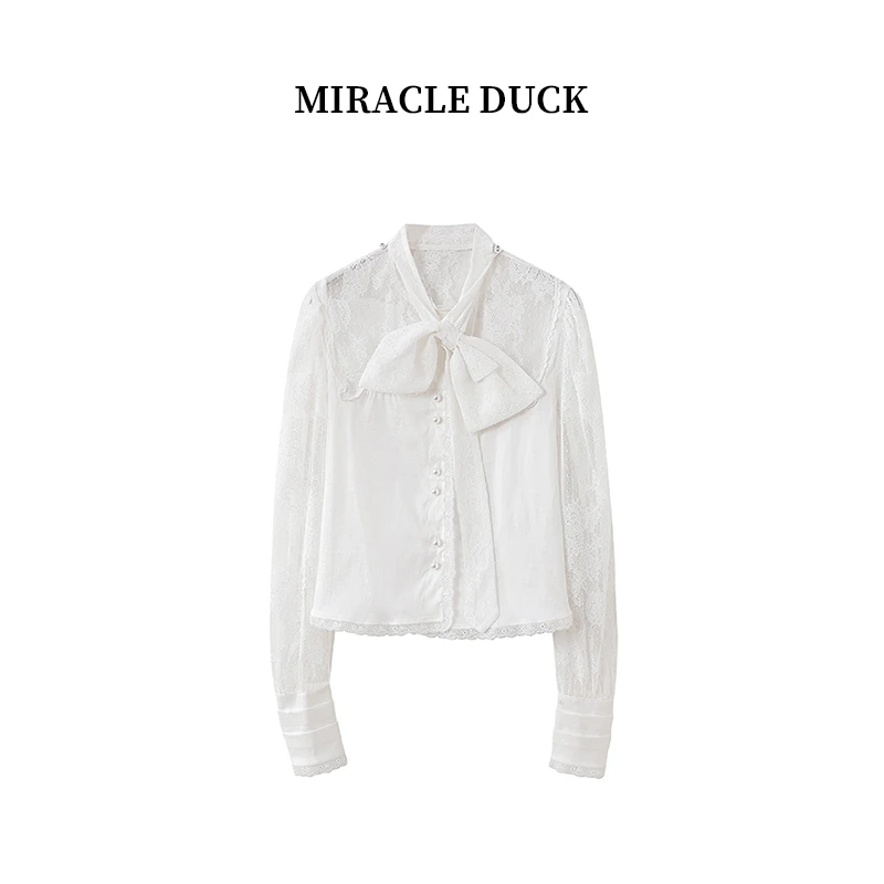 2号【山茶日记】白色设计感飘带蝴蝶结蕾丝拼接宫廷风衬衫C1499